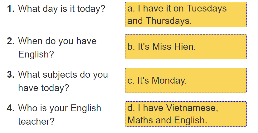 Unit 8. What subject do you have today? trang 32 Sách bài tập (SBT) Tiếng Anh 4 mới 4 1